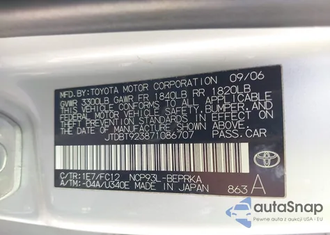 2007 Toyota Yaris z USA, uszkodzony, nr VIN JTDBT923871086707